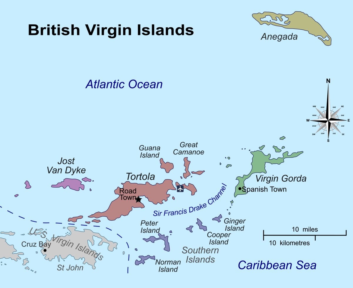 Map of the British Virgin Islands showing the archipelago: Jost Van Dyke at the western edge (highlighted purple), Tortola in the center, Virgin Gorda to the east, and Anegada in the north. St. John and the US Virgin Islands sit just south of Jost Van Dyke.
