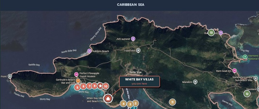 Aerial map of Jost Van Dyke with all bars, restaurants, and points of interest numbered