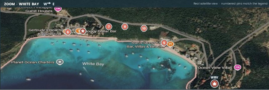 Close-up satellite view of White Bay showing each beach bar from Gertrude's in the west to Ivan's in the east