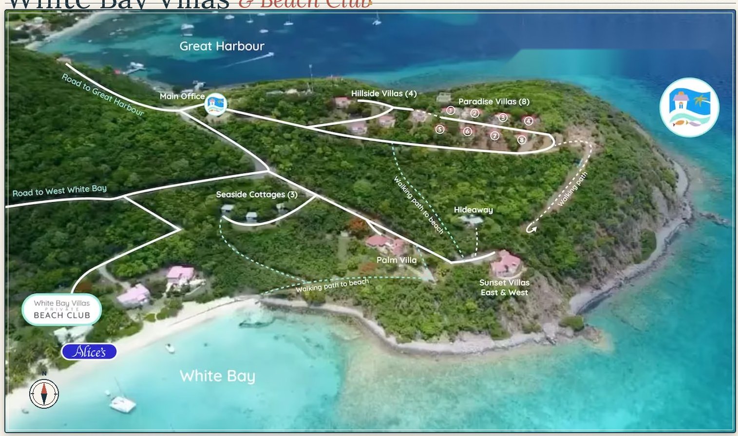 Aerial photo of White Bay Villas property showing Alice's restaurant on the beach, the Beach Club, and all villa locations